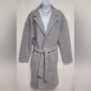 Joie XL Grey Textured Open Front Belted Winter Trench Coat Slash Pockets